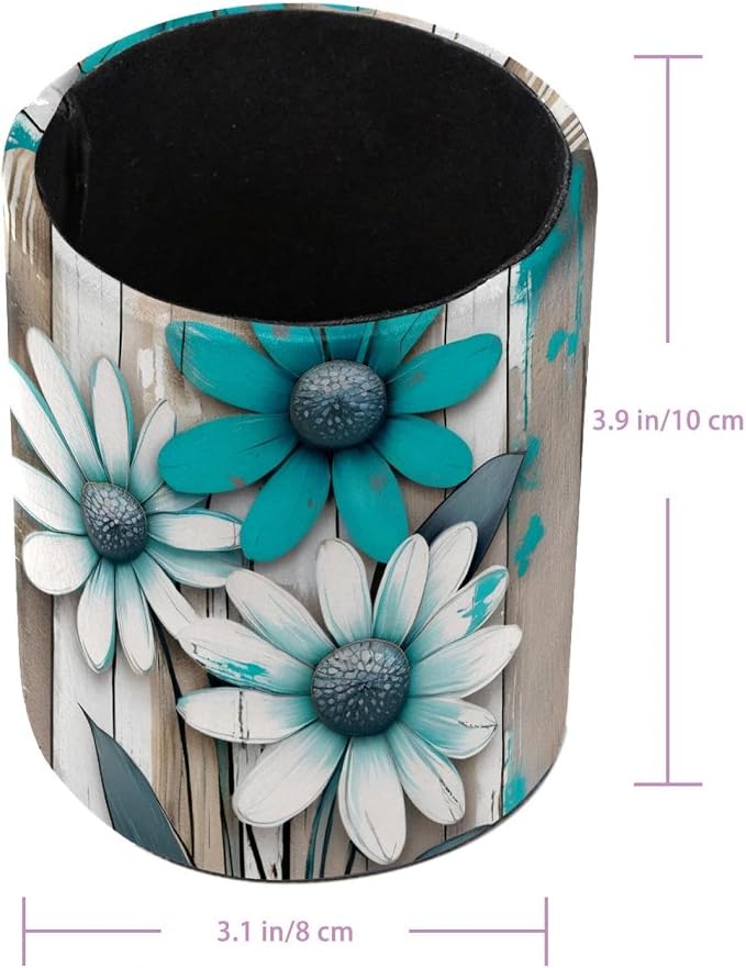 Pen Pencil Holder for Desk, Teal Daisy Butterfly Farmhouse Makeup Brush Holders Leather Pen Organizer Pencil Caddy for Office Home Art Supply