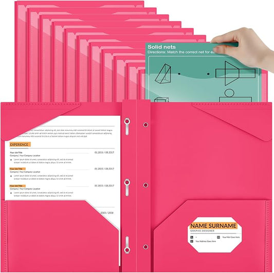 Henoyso 18 Pcs Plastic Folder with Clear Front Pocket and 3 Prong Plastic Folders with Card Slot Pocket Folders with Prongs for School Office (Rose Pink)