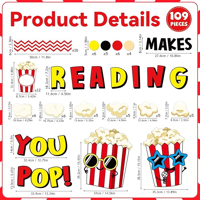 Popcorn Cutouts Reading Popcorn Classroom Bulletin Board Decorations Reading Makes You Pop Movies Themed Birthday Party Supplies for Toddler Kids Students Classroom