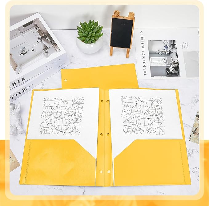Yeaqee 72 Pcs Plastic Folders with Pockets Bulk 3 Hole Punched 2 Pocket File Folders for 3 Ring Binder Divider Folder for Notebooks, Durable Poly for Office Home (Yellow)