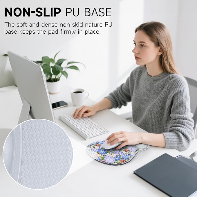 AUPET Ergonomic Mouse Pad with Gel Wrist Support – Non-Slip Mouse Mat with Comfortable Memory Gel Cushion – Relieves Wrist Pain – Designer Pattern for Home Office & Gaming (Violet-Blue Blossom Patch)