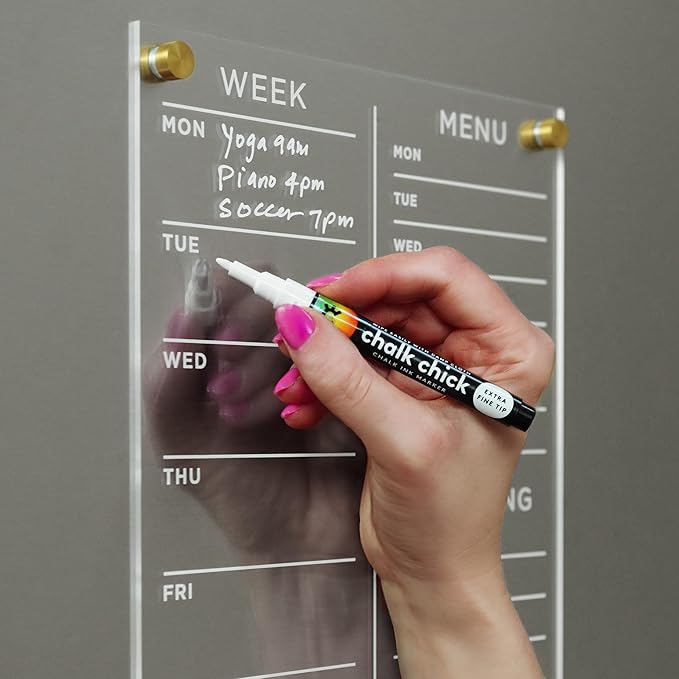 Magnetic Acrylic Meal Planner, Menu & Shopping List Board for Fridge, 9” x 12” Clear Refrigerator Organizer, Includes 4 Magnetic Wet-Erase Markers, Black Corner Magnets