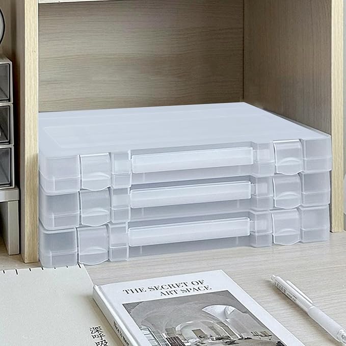 Marte Vanci Clear A4 Paper Storage Box with Lids Portable Plastic File Box with Handle Project Case Bin Letter Document Organizer Storage Container for Photo Scrapbook Craft Art Supplies