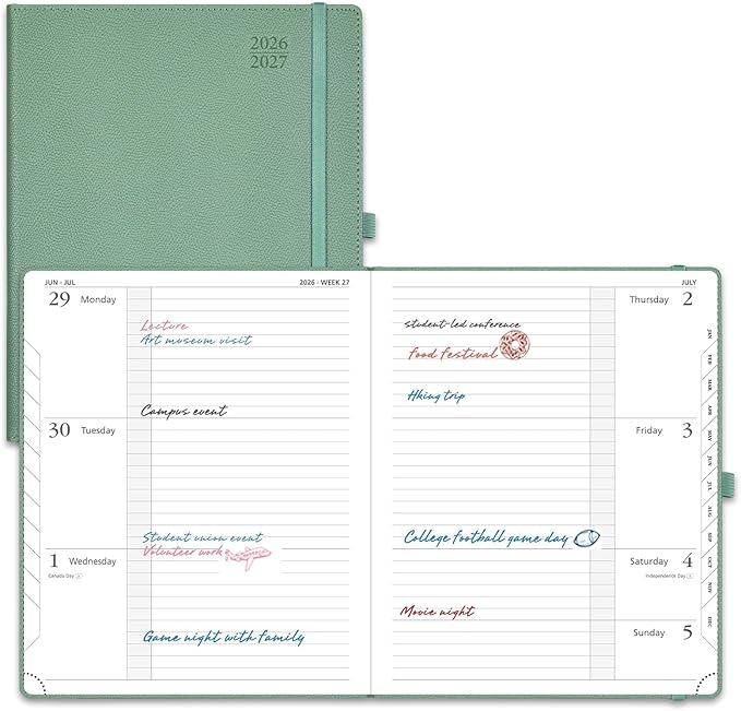 POPRUN Planner 2026-2027 (Large 8.5"x 10.5"), Horizontal Weekly Notebook Jul.2026 - Jun.2027, Academic Appointment Book with Monthly Tabs, Leather Hardcover, Inner Pocket - Army Green
