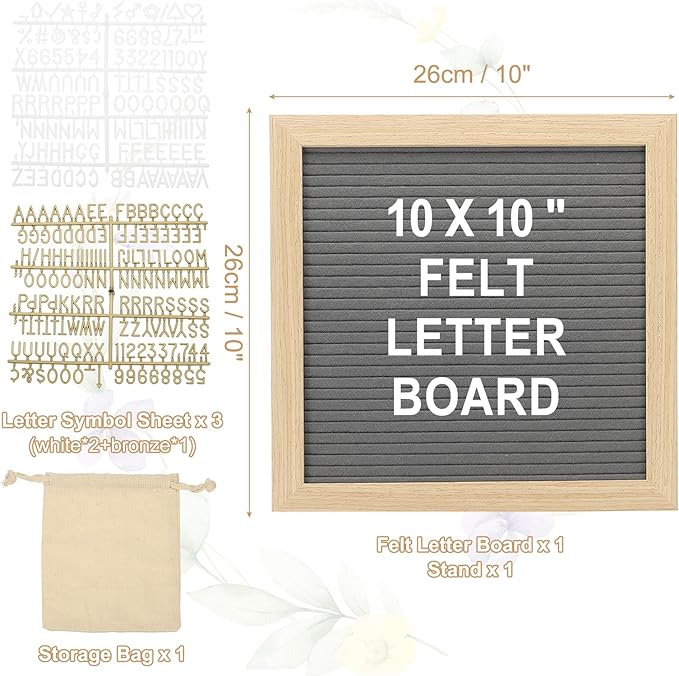 PATIKIL Felt Letter Board, 10x10Inches Gray Wooden Changeable Message Board with Storage Bag Stand for Kitchen Menu Classroom Farmhouse Decor Notes, White Bronze Letter