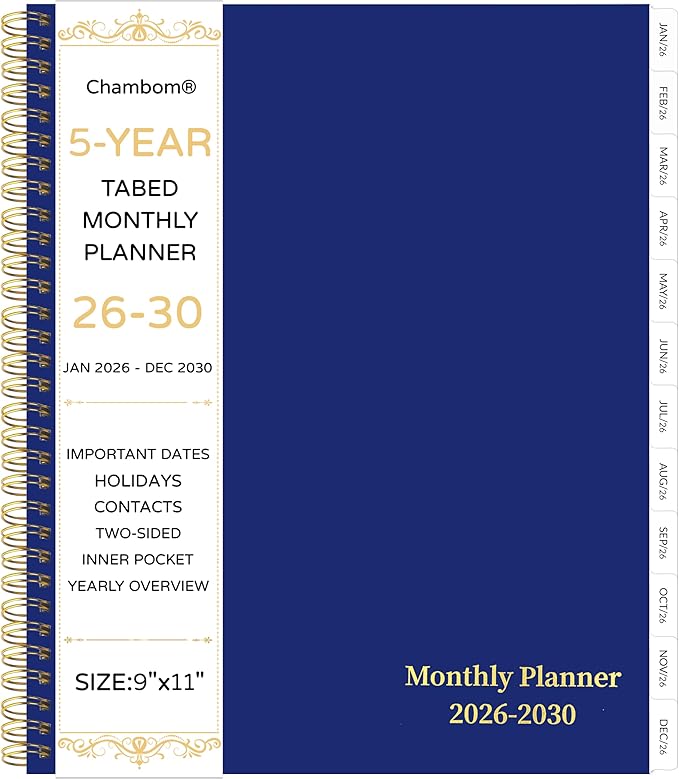2026-2030 Monthly Planner, 5 Year Monthly Planner/Calendar 2026-2030, 60-Month Jan 2026 – Dec 2030, 9" x 11", Tabs, Double-Side Pocket, Holidays, Thick Paper - Blue