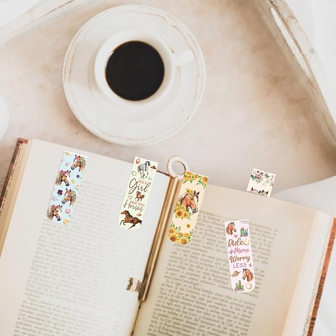 Horse Flower Book Magnetic Bookmarks: 30 PCS Watercolor Western Style Floral Bookmarks, Cute Animals Book Mark Clips for Reading, Gifts for Women Kids Girls Boys Book Lovers, School Office Supplies