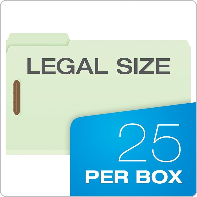 Pendaflex 17186 Pressboard Folders, 2 Fasteners, 2" Expansion, 1/3 Tab, Legal, Green (Box of 25) (Pack of 4)