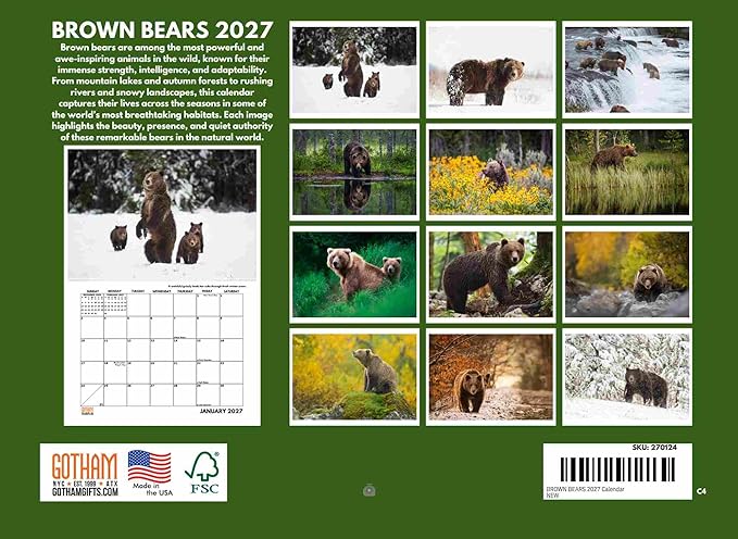 Brown Bear Calendar 2027 Bears Monthly Wall Calender 12 Month
