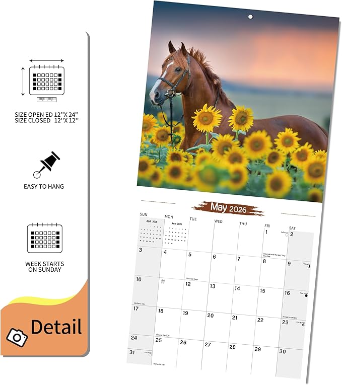 2026 Wall Calendar Horse Planner Calendar, Hangable Monthly Wall Calendar with Large Blocks for Organizing & Planning, Academic Schedule, Home, Office & family, Thick & Sturdy Paper (12"x24" Open)