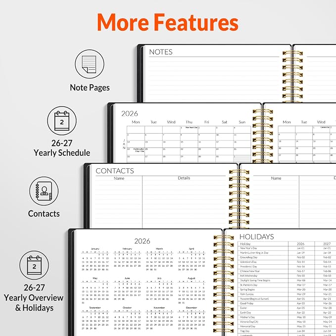 SUNEE Monthly Planner 2026-2027 - 18 Months Calendar Planner from Jul 2026 to Dec 2027, 7"x10" Yearly Planner with Tabs, Spiral Binding, Organizer for School Office Home, Black