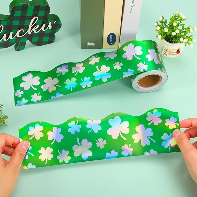 AnyDesign 32.8 Ft St. Patrick's Day Shamrock Bulletin Board Border Holographic Green Clover Scalloped Die Cut Border Trim Roll for Irish Party Home Classroom Wall Decoration
