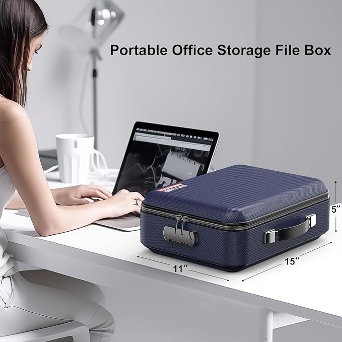 COLCASE Fireproof Document Box with Lock, Hard Fireproof Document Organizer | Hard-Shell Fireproof Waterproof Safe Box with Combination Lock Blue