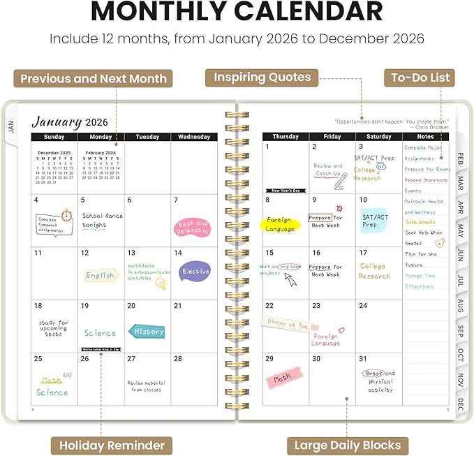 2026 Planner - Weekly and Monthly Planner, January 2026 to December 2026, Spiral Bound 2026 Calendar Planner Book, Inner Pocket, Perfect for Office Home School Supplies - A4 (8.5" x 11"), Beige