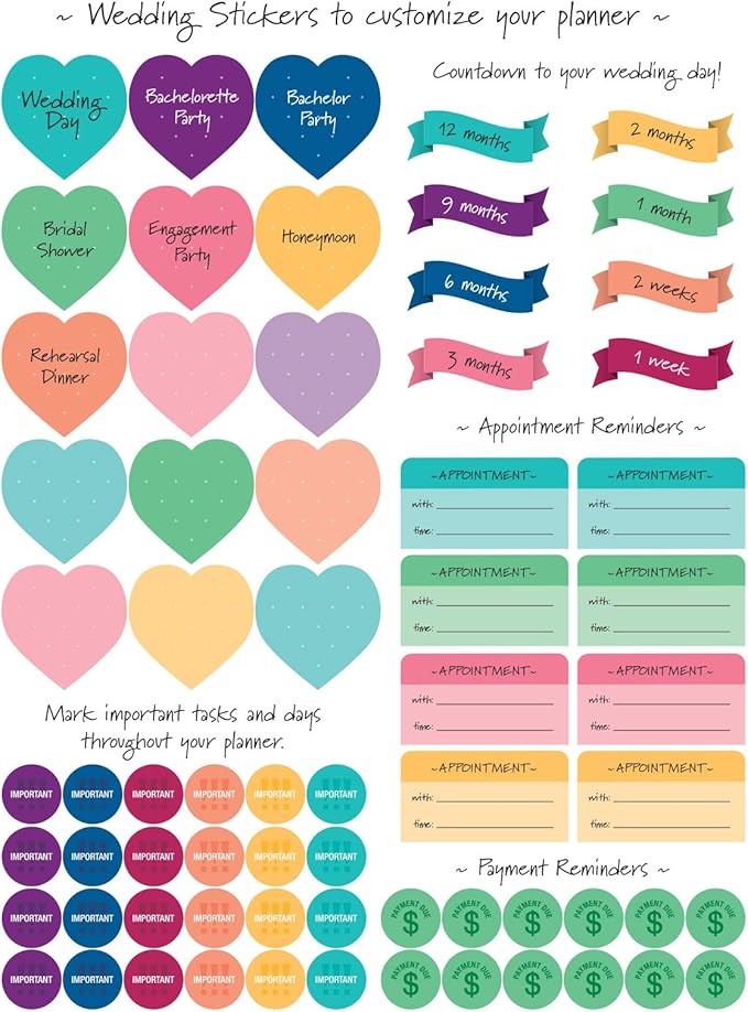 Global Printed Products Wedding Planner 9x11 Hardcover Organizer, Bookmark, Planning Stickers, Business Card Holder, and Pocket Folders