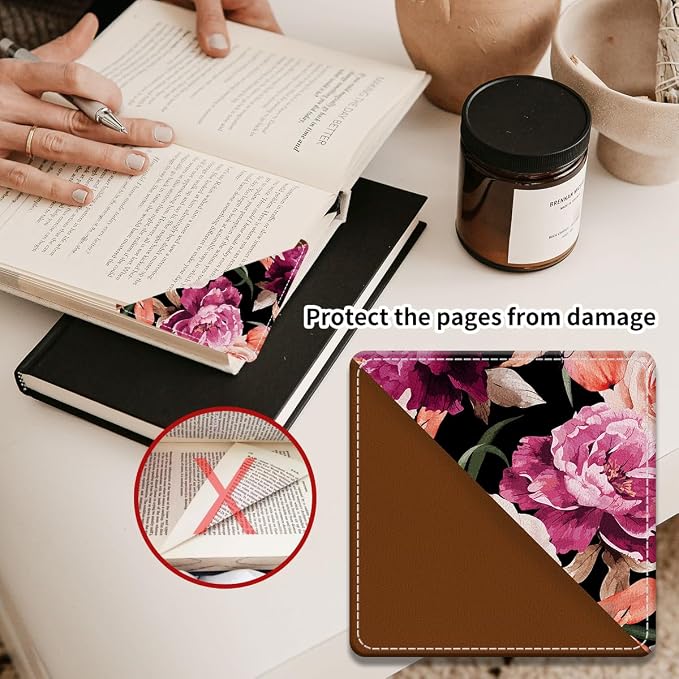 Cute Leather Bookmarks, Fun Triangle Making Corner Bookmark, Book Accessories for Reading Book Lovers, Unbreakable Page Markers for Women Men Black Red Rose