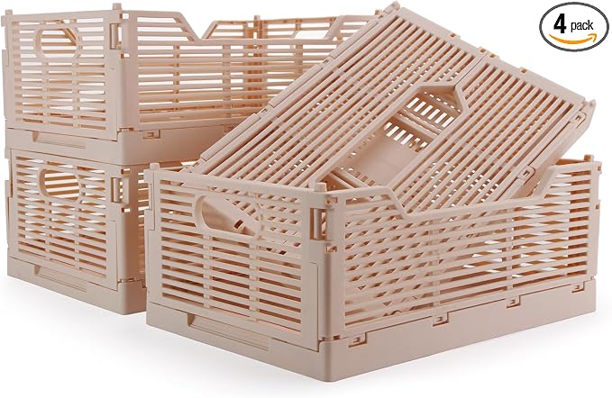 4-Pack Plastic Crates for Storage, Collapsible Storage Crates Stackable, Space-Saving Foldable Crate for Home Kitchen Classroom Office Bedroom Bathroom (12''x8.07''x4.92'', Pink)