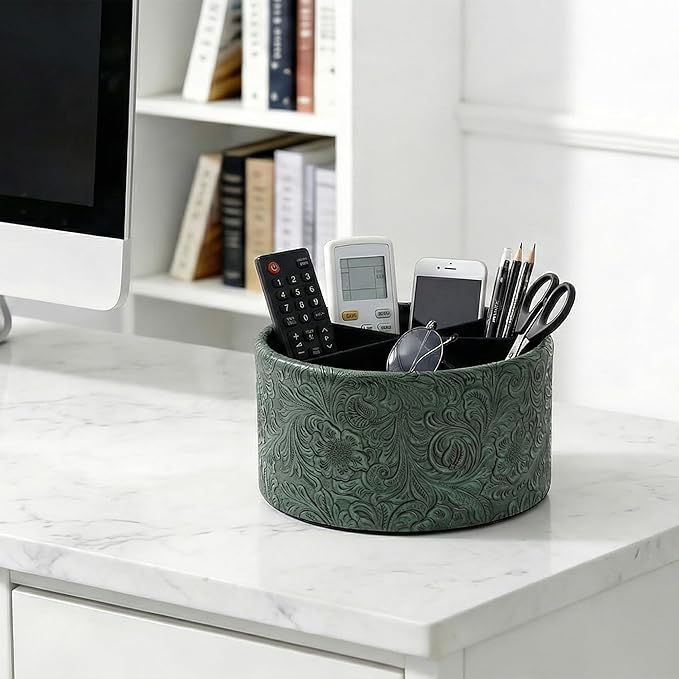lizimandu Remote Control Holder, 360°Spinning PU Leather Desk TV Remote Caddy,Desk Storage Box Room Accessories for Controller, Media,Mail,Calculator, Mobile Phone,Pencil(1B-Carved3 Green)