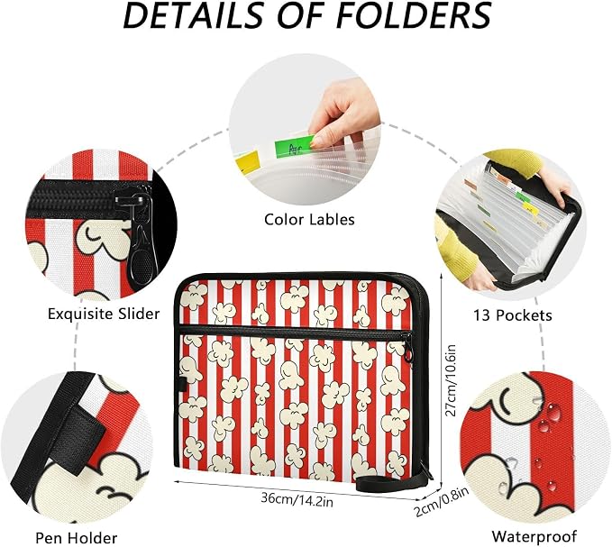 Popcorn Red White Striped File Folders,Plastic Folders with 13 Pockets,Expandable File Folder for Documents School Students Office,Aesthetic Folder with Labels A4 Letter Size