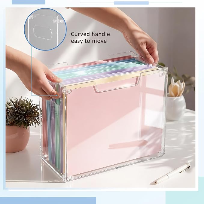 Novabright 2 Pack Acrylic File Organizer Box with Handles, Clear Hanging File Organizer for Letter Size/a4 Filing Crate Bin Holder for Desk, Office, Home, School (Letter,12.2" L x 5.51" W x 9.84" H)