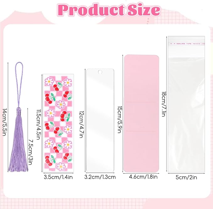 16 Set Acrylic Bookmark Blanks, 16 Sheets UV DTF Stickers 4 Colors Tassels Clear Packing Bags and Pink Bookmark Display Card for Hanging Tag, DIY Crafts, Gift, Bookmarks