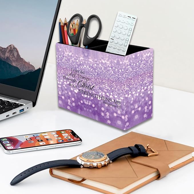 Pen Holder, Pencil Case, Makeup Brush Storage Box, Tableware Storage Box, Suitable for Office Or Home Item Organizing Stand - Purple Glitter Quote Philippians 4-13