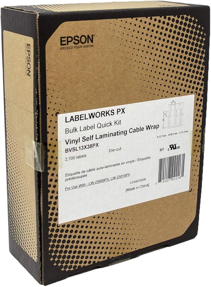 Epson LABELWORKSPX BVSL13X38PX Genuine Bulk Die Cut Self Laminating Overwrap Vinyl Tape - Black on White Flexible and Durable Industrial Label Maker Tape - 0.5" x 1.5" Wide, 2700 Labels per Roll