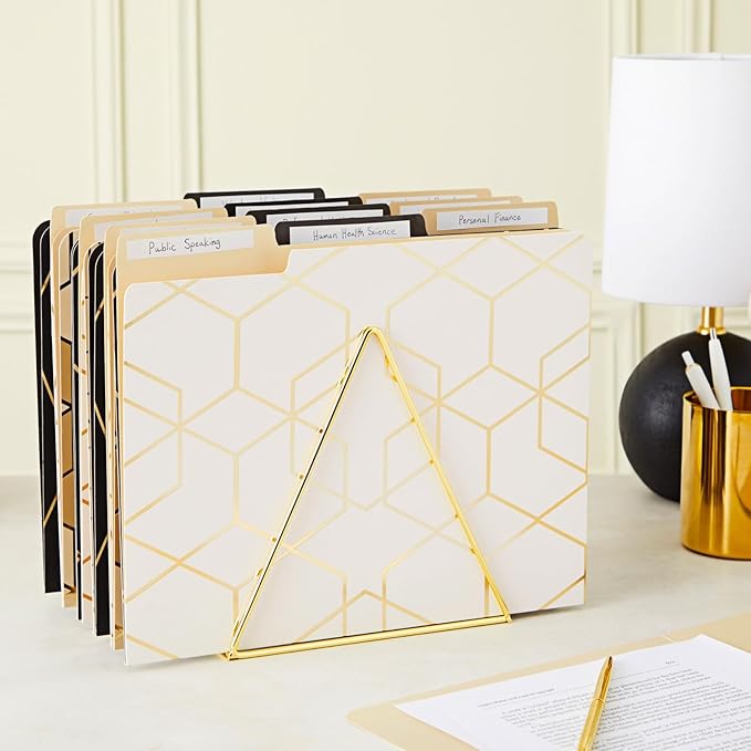Paper Junkie 12-Pack Cute Geometric Gold Foil Decorative & Colored File Folders, Letter Size (9.5x11.5 in) - 1/3-Cut Tab File Folders for Office Supplies - Aesthetic Office Supplies