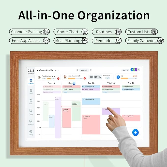 Digital Calendar & Smart Chore Chart, 10.1'' Touchscreen Family Organizer with Multi-Calendar Sync, Reward System, Photo Frame Mode, Desk or Wall Mount, Teak, No Subscription