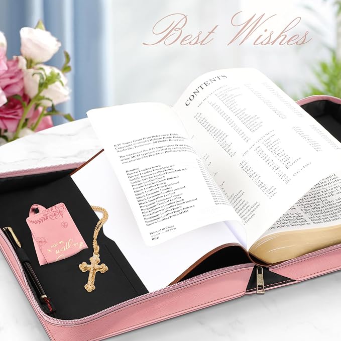 FINPAC Large Classic Bible Cover Vegan Leather Carrying Book Case Church Bag Bible Protective with Handle, Gift for Women, Mother, Friends, Pink