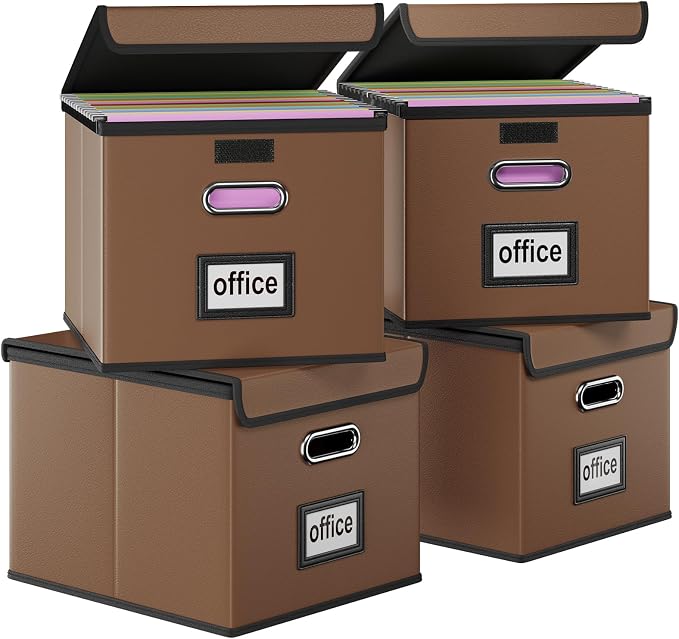 Portable Leather File Organizer Boxes with Lids, Office Document Boxes Organizer, Filing Boxes, Decorative Small File Boxes for Hanging Files with Plastic Slide for Office/Decor/Home
