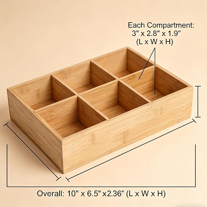 2 Pack Bamboo Small Desk Drawer Organizer with Adjustable Dividers, Wood Snacks and Tea Bag Organizer for Office, Bathroom, Makeup, Jewelry