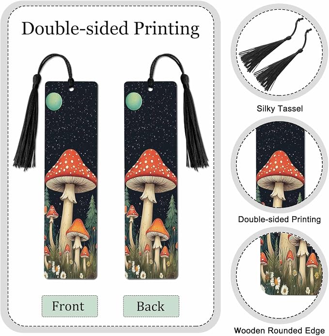 Mushrooms Bookmarks 5 Pcs with Tassels Dark Night Moon Stars Flowers Trees Wooden Bookmarks for Reading Women Students Teacher Reader