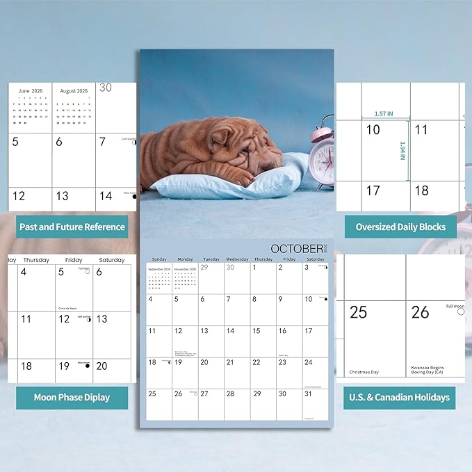 2025-2026 Wall Calendar,Shar Pei Wall Calendar, 12" x 24" Open,Family Planner Calendar Organizer with Shar Pei Images, for Dogs Lovers
