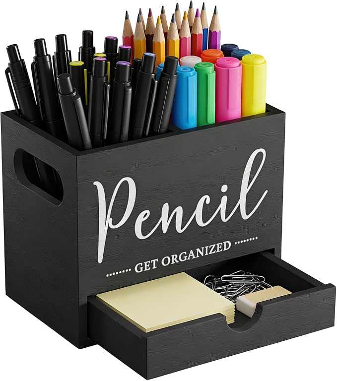 Pencil Holder with 1 Drawer, Multi-Functional Pen Holder for Desk, Desk Organizers and Accessories with 2 Compartments, Desktop Organizer for Office Home Art Supplies(Black)