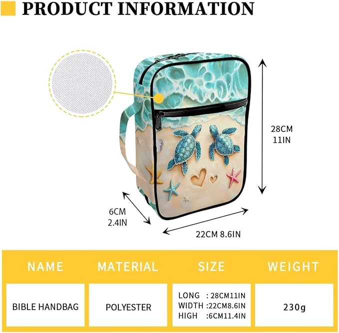 Suobstales Beach Turtle Starfish Seashell Heart Print Bible Cover Carrying Book Case for Women Men Lightweight Bible Bag Bible Protective with Handle and Zippered Pocket