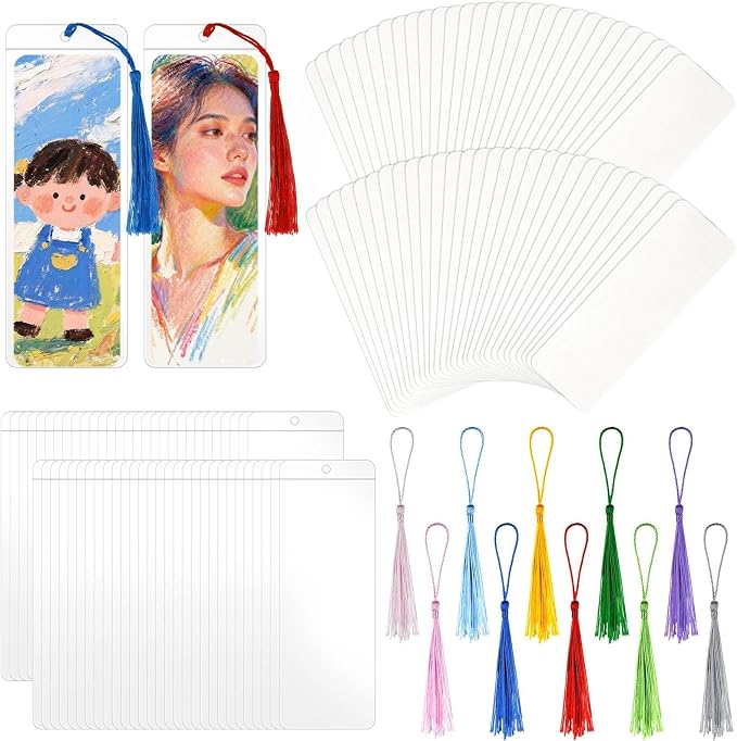 180pcs Kraft Paper Blank Bookmarks,60pcs Make Your Own Watercolor Paper Bookmarks,with 60pcs Clear Bookmark Sleeves,60 Tassels in Ten Colors,for DIY Crafts and Gifts