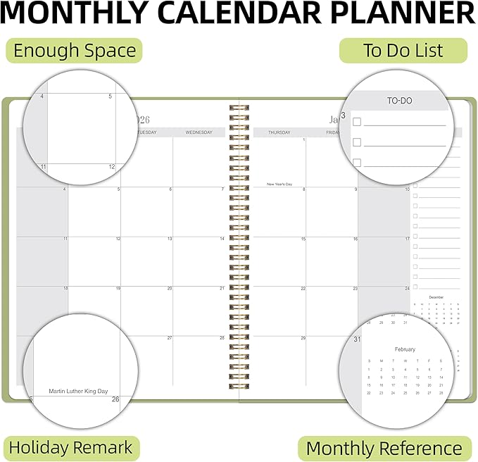 2026-2027 Monthly Planner, Jan 2026-June 2027, A4 (8.5" x 11"), 2 Year Monthly Planner, 24 month Calendar, Simple Calendar Planner Notebook Cardboard Cover, Suitable for Schools & Offices, Green