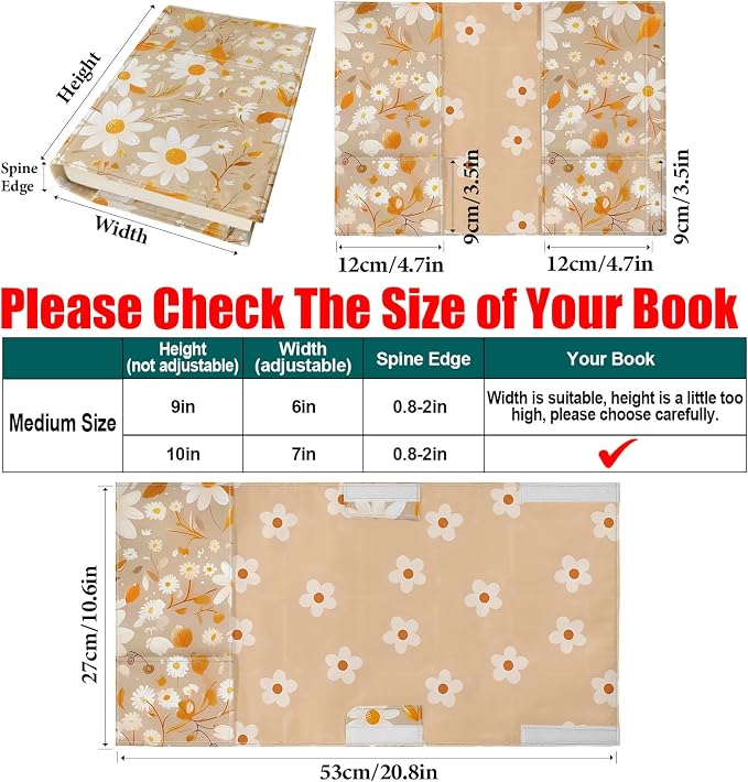 Daisy Adjustable Book Cover Protector for Hardcover,Reusable Soft Canvas Fabric Book Covers for Paperback Book Lovers Gift,Double Side Print Book Cover Hardback with Bookmark