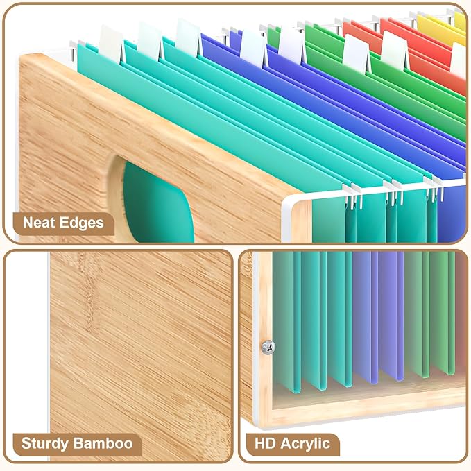 Sbanmao 3 Pack Hanging File Organizer, Clear Acrylic File Box Organizer, Bamboo Filing Box File Crate Organizer Storage Boxes, Portable Filing Organizer with Handle for Letter Size