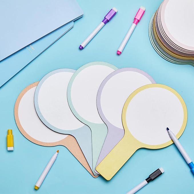 Henoyso 48 Pcs Dry Erase Answer Paddle with Markers Handheld Double Sided Paddles Colorful Flip Answer Dry Erase Paddles White Boards for Students Kids Score Boards Teacher(Round Simple)