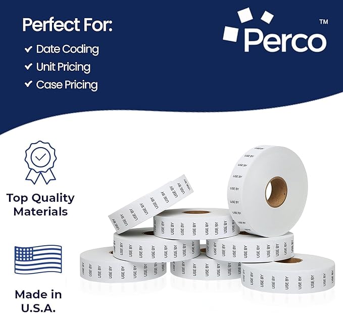 Perco Black Print on White USE BY Labels for Monarch 1131 Price Gun - 8 Rolls, 20,000 Marking Labels