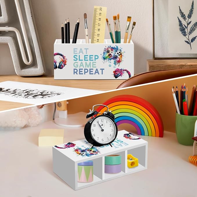 Kids Boys Eat Sleep Game Repeat Pen Pencil Holder for Desk, Video Game Lovers Office Desk Accessories, Boys Kids Gamer Pen Holders Organizer for Classroom Bathroom