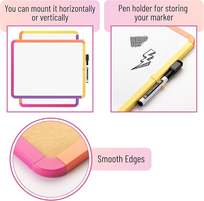 Mr. Pen- Dry Erase Board, 14” x 11” with a Black Dry Erase Marker, Colorful Frame, Small Mini White Board for Students, Fridge, Wall, Locker, Includes Double Sided Tapes