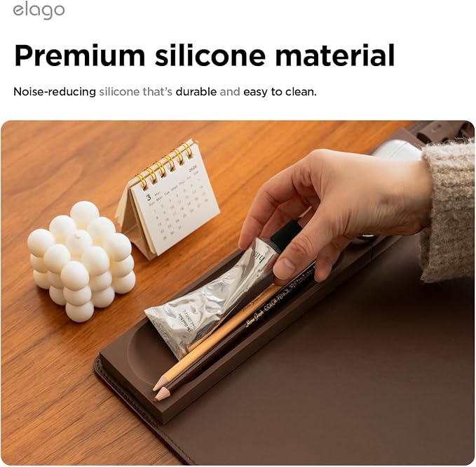 elago Smart Magnetic Desk Mat Pencil Tray – Soft Silicone Organizer for Office Supplies, AirPods, Glasses, Pens – Noise-Free, Washable, Item for Desk Management [Medium-Small Set] (Brown)