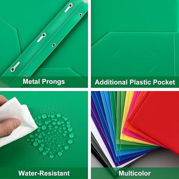 Cholemy 72 Packs Pocket Folders with Prongs Heavy Duty Plastic Folder with Business Card Slot 3 Prong Fasteners for School Office (Rainbow)