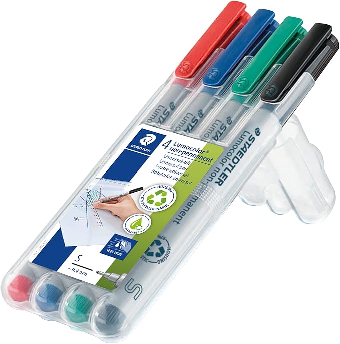 STAEDTLER Lumocolor Non-Permanent Universal Pen: Set of 4 Markers, Assorted Colors, Superfine Felt Tip 0.4mm - Multi Surface, Quick Dry & Water-Soluble Ink - For Home, School & Office