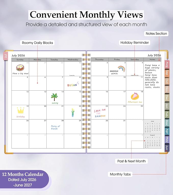 Academic Planner 2026-2027, Hardcover Leather Weekly and Monthly Calendar Planner from July 2026 - June 2027, A4 8.5" x 11" Daily Agenda with Tabs, College School Organizer for Student Teacher, Purple