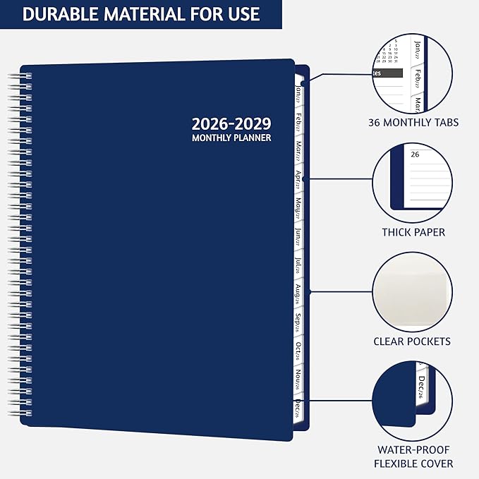 Monthly Planner 2026-2029, 36 Months Calendar Planner 2026-2029 from Jul 2026 – Jun 2029, 8.5'' x 11'' with Ruled Spread, Flexible Cover, Spiral Wirebound, Pocket, Coated Tabs, Notes ＆ Habit Tracker