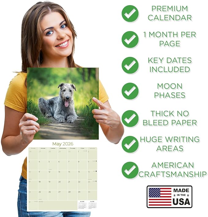 Irish Wolfhound Calendar 2026 by MegaCalendars – Monthly Dog Breed Wall Calendar, Made in USA